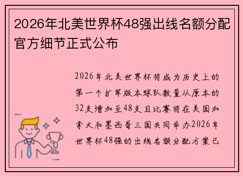 2026年北美世界杯48强出线名额分配官方细节正式公布